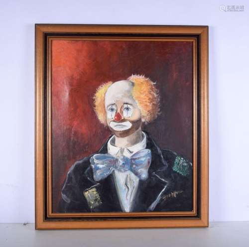 A framed, signed oil on canvas of a clown. 55 x 45cm.