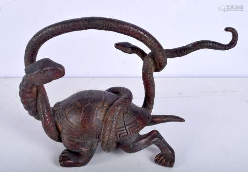 A large bronze figure of a snake attacking a turtle. 17 x 27...