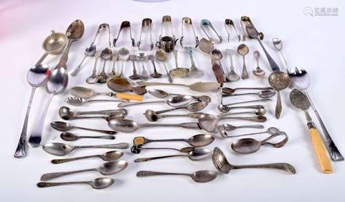 A collection of plated spoons, tongs etc (Qty).