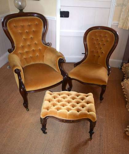 A VICTORIAN UPHOLSTERED ARM CHAIR with similar matching smal...