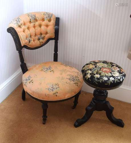 A VICTORIAN EBONISED CHAIR together with a piano stool. Larg...