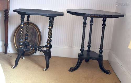 A NEAR PAIR OF VICTORIAN AESTHETIC MOVEMENT TABLES. 64 cm x ...