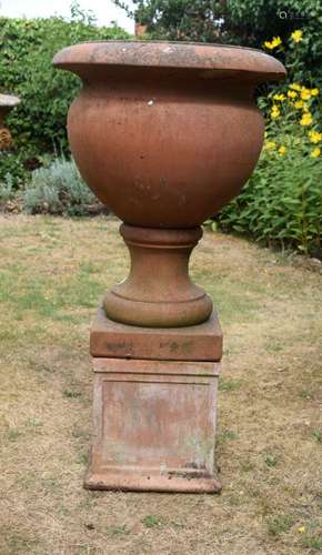 A VERY LARGE COUNTRY HOUSE TERRACOTTA PEDESTAL GARDEN URN ON...