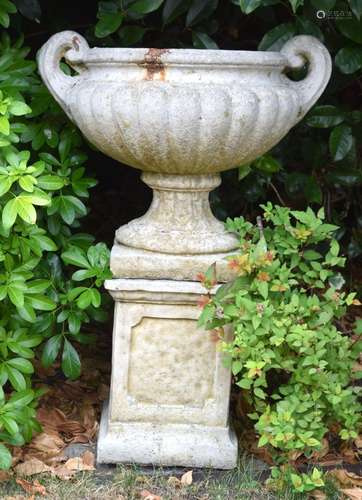 A LARGE COUNTRY HOUSE TWIN HANDLED PEDESTAL GARDEN URN. 86 c...