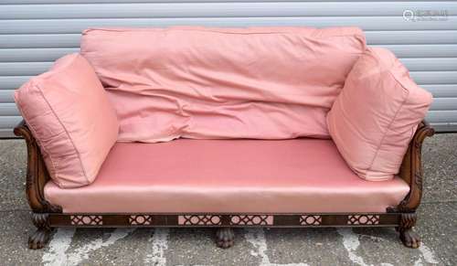 AN ANTIQUE BERGERE UPHOLSTERED SOFA. 74 cm x 194 cm x 95 cm.