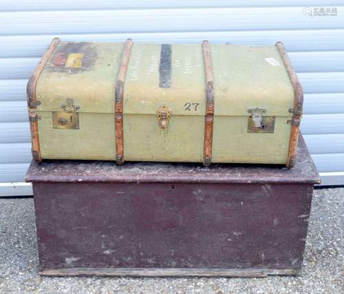 AN ANTIQUE TOOL BOX and a green travelling trunk. Largest 10...