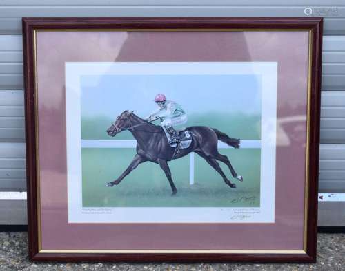 A LIMITED EDITION HORSE RACING PRINT DANCING BRAVE. 22 cm x ...