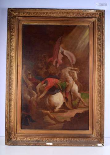 A large framed oil on canvas Cartoon of a battle scene 85 x ...