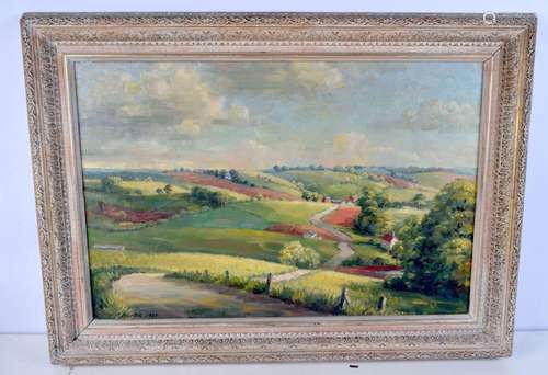 P M Burton, a framed oil on canvas of a countryside scene 49...