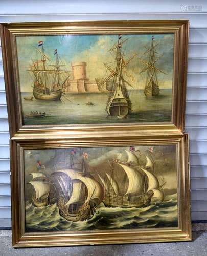 A pair of European school large framed Oils on board of sail...