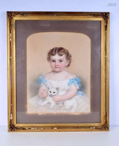 A framed oil on board of a child holding a kitten dated 1866...