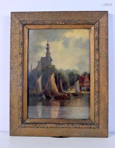 A framed oil on board of a waterside scene signed Loise Carr...