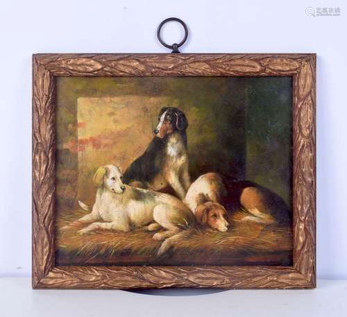 A small framed 19th Century oil on board of hounds 19 x 23 c...