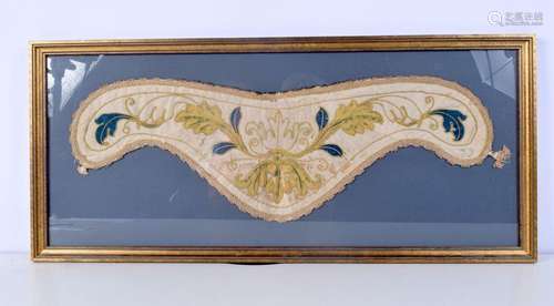 A framed early Chinese embroidered silk 63 x 19 cm .