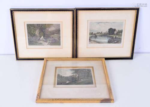 A collection of antique coloured etchings 10 x 14 cm (3).