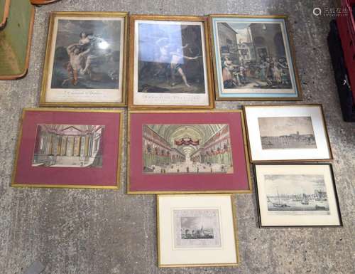 A collection of antique coloured etchings 56 x 40 (8).