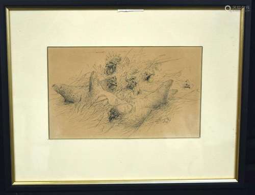 A framed antique ink drawing of chickens signed indistinctly...