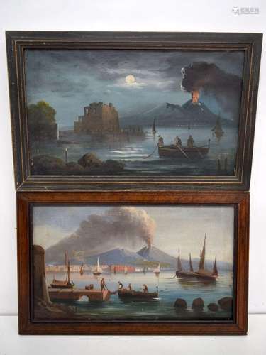 A pair of framed Neapolitan oils on canvas of Mount Vesuvius...