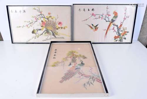 A collection of framed Chinese silks 60 x 35 cm.