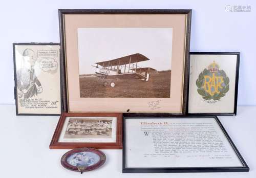 A collection of RAF related photographs, caricature, embroid...