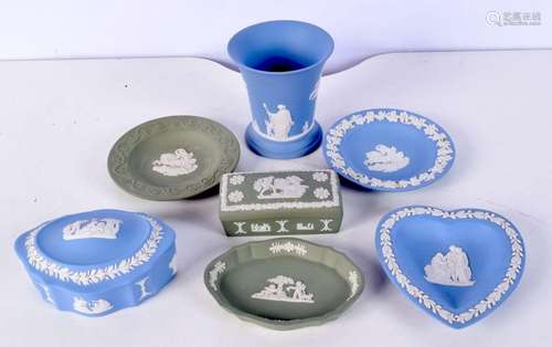 A collection of Wedgewood blue and green Jasperware (7).