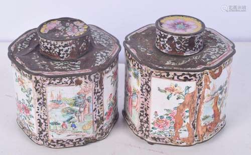 A pair of Chinese Canton enamelled tea cans 9cm (2)