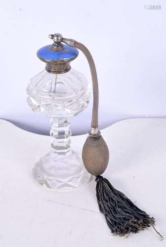 A vintage enamelled top cut glass scent bottle 19 cm.