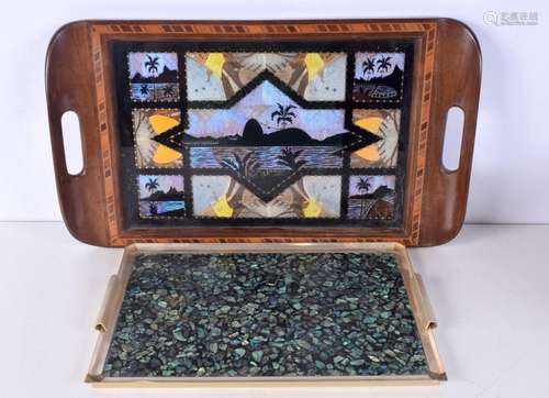 A wooden inlaid tray decorated with butterfly wings together...