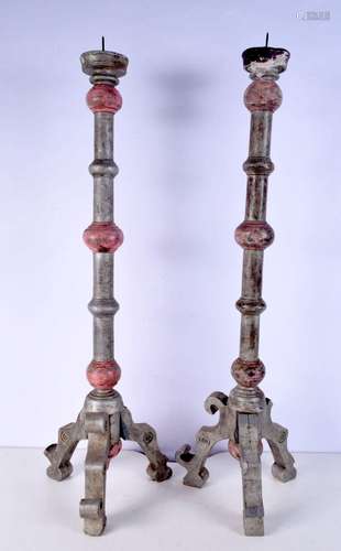 A pair of Portuguese wooden candle sticks 82 cm (2).