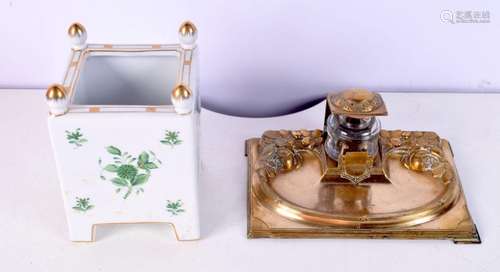 A brass Deco style ink well together with a ceramic planter,...