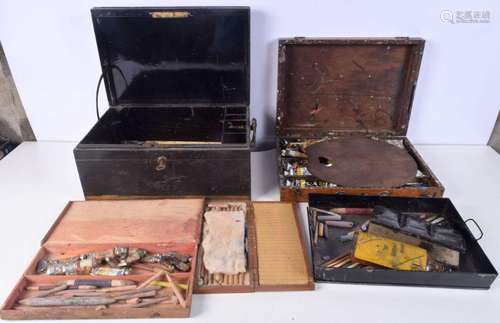 A collection of vintage artist brushes, palettes paints etc ...