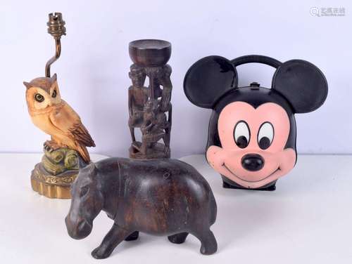 A Collection of African wooden carvings , an owl lamp and a ...