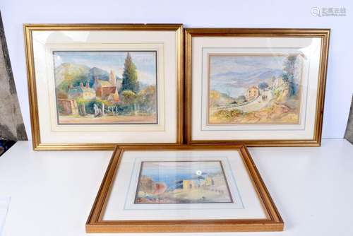 A framed watercolour of a French Village scene together with...