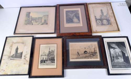 A group of framed antique etchings and lithographs largest 1...