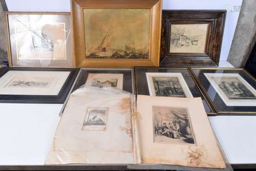 A group of framed antique etchings and a framed Oleograph la...