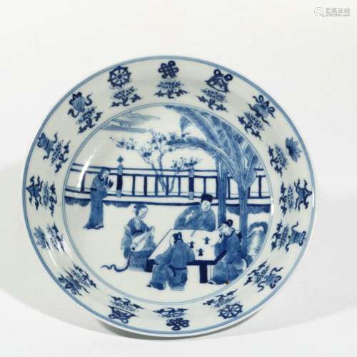 blue and white character plate