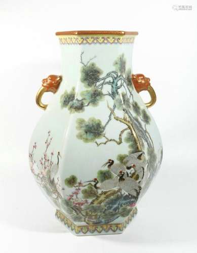 Enamel hexagonal vase with crane pattern