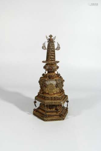 Silver gilt gold filigree inlaid gemstone stupa