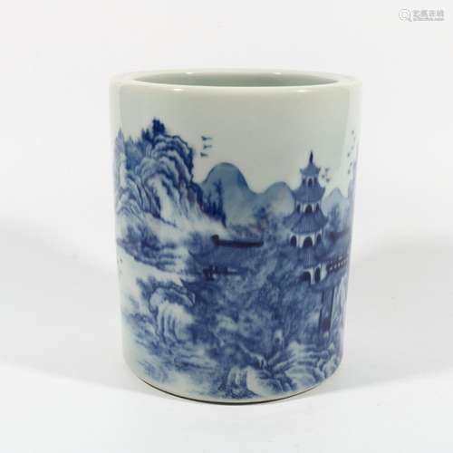 Blue and white landscape flower and bird character pen holde...