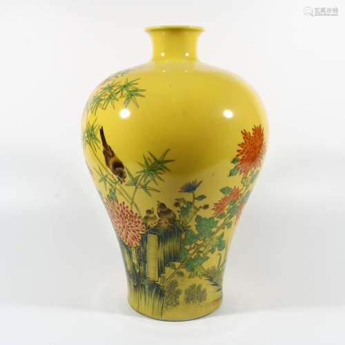 Yellow background pastel flower and bird plum vase