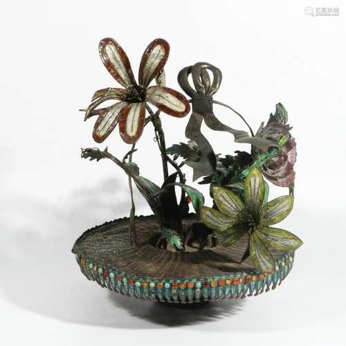 Bronze Filigree Enamel Flower Basket