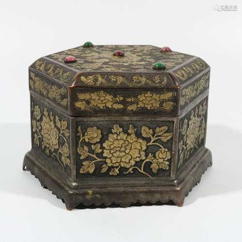 Silver gilt inlaid red and green treasure hexagonal study bo...