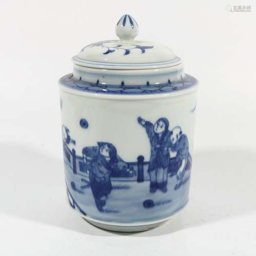 blue and white character tea pot