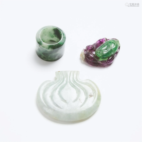 A Group of Three Jadeite and Rainbow Fluorite Carvings, Qin