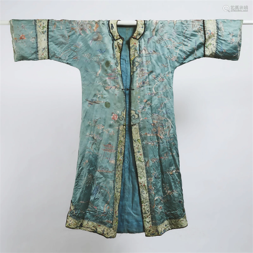 A Chinese Embroidered Blue Ground Silk Robe, Late Qing Dyna