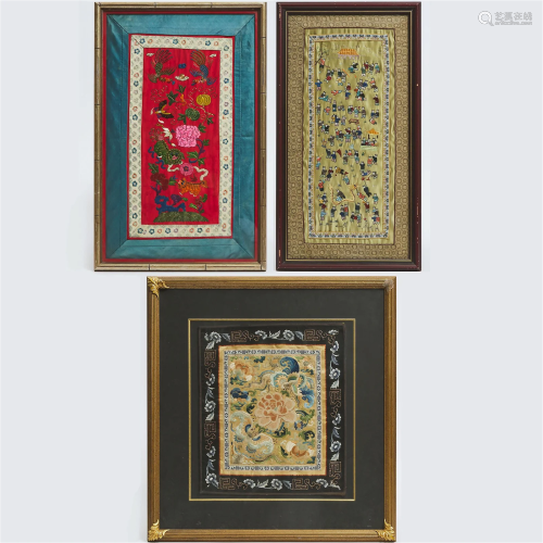 A Group of Three Framed Chinese Embroideries, 19th Century,