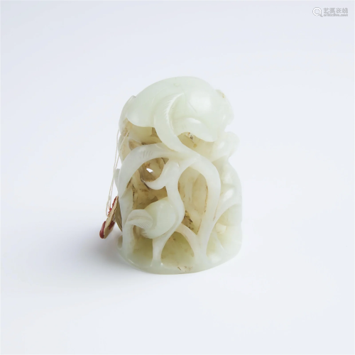 A Pale Celadon Jade Carved 'Egret and Lotus' Finia...
