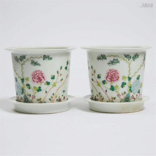 A Pair of Famille Rose 'Floral' Planters and Trays...