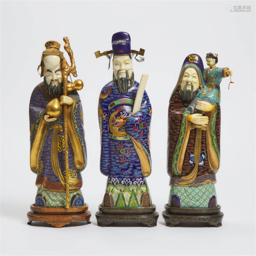 A Set of Three Ivory and Cloisonné 'Fu Lu Shou' Fi...