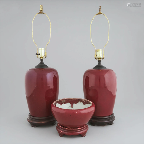 A Pair of Flambé Glazed Vase Lamps, Together With a Jardini